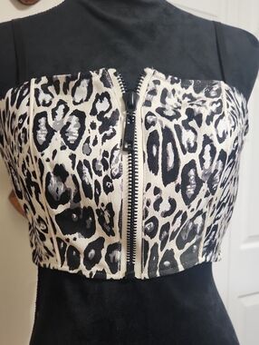 John John Black and White Leopard Zip-Front Crop Top